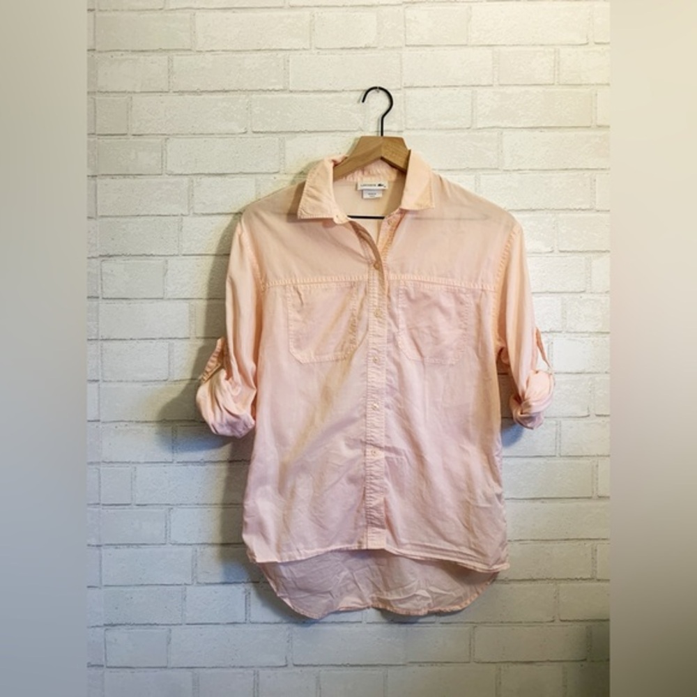 Lacoste Women's Light Pink Sheer Long Sleeve + Roll Tabs Button Up Shirt